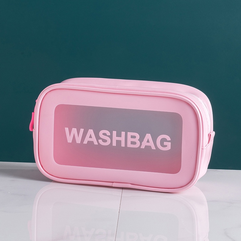 กระเป๋าใส่เครื่องสำอาง กระเป๋าแบบพกพา โปร่งใสกันน้ำ สีชมพู