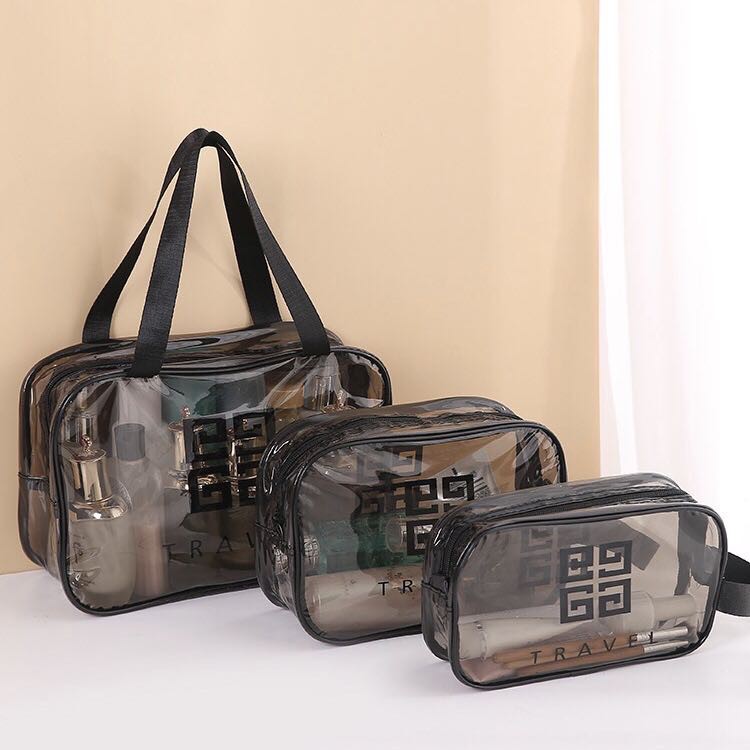 กระเป๋าเครื่องสำอางใส แบบสีขุ่น สำหรับใส่เครื่องสำอาง กันน้ำ จุของได้เยอะ 3/ชิ้น