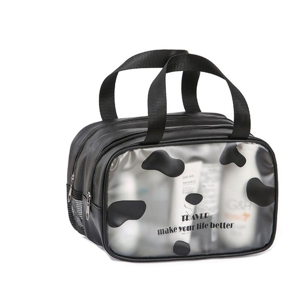 กระเป๋าถือ กระเป๋าเครื่องสําอาง แบบพกพา สําหรับเดินทาง ลายน้องวัว สีดำ