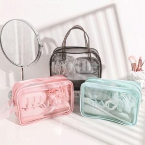 กระเป๋าเครื่องสําอาง, กระเป๋าแต่งหน้ากันน้ําความจุขนาดใหญ่, ที่เก็บเครื่องสําอางแบบใส พีวีซี แบบพกพา 3/ชิ้น