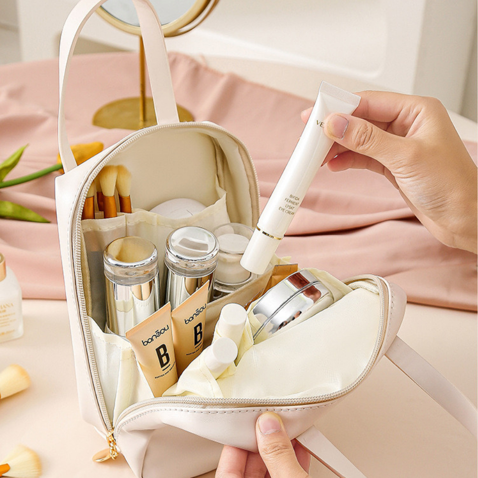 กระเป๋าใส่เครื่องสําอางแบบหนัง มีหูหิ้ว